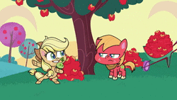 Size: 1920x1080 | Tagged: safe, derpibooru import, screencap, applejack, big macintosh, earth pony, my little pony: pony life, spoiler:pony life s02e07, spoiler:pony life s02e7, abstract background, animated, apple, apple tree, evil grin, food, freckles, grin, image, nope, orchard, plant, scared, smiling, talking, terrorarium, tree, webm