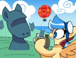 Size: 2048x1575 | Tagged: safe, artist:coaldustthestrange, derpibooru import, oc, unofficial characters only, pegasus, pony, camera, easter island, goggles, hot air balloon, image, jpeg, open mouth, smiling, solo, statue