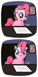 Size: 2000x4073 | Tagged: safe, artist:just steve, derpibooru import, pinkie pie, derpibooru exclusive, exploitable meme, framed picture, image, looking at camera, looking at something, looking at you, meme, missing cutie mark, plushie, png, ponk, simple background, sitting, tax evasion, two panels, warrant
