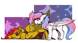 Size: 2500x1377 | Tagged: source needed, safe, artist:lamb-shack, derpibooru import, oc, oc:soder, oc:sunrise flair, pegasus, grooming, image, lying down, png, preening