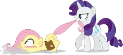 Size: 4411x2000 | Tagged: safe, artist:frownfactory, derpibooru import, fluttershy, rarity, pegasus, pony, unicorn, putting your hoof down, bag, biting, cutie mark, dust, female, horn, image, mare, mouth hold, png, saddle bag, simple background, tail, tail bite, tail pull, transparent background, vector, wings