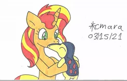 Size: 1069x678 | Tagged: safe, artist:cmara, derpibooru import, sunset shimmer, cyndaquil, pony, unicorn, crossover, female, holding, image, jpeg, mare, pokémon, raised hoof, simple background, solo, traditional art, white background