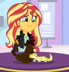Size: 1024x1078 | Tagged: safe, artist:emeraldblast63, derpibooru import, ray, sunset shimmer, bird, chicken, gecko, leopard gecko, chocolate, cute, easter, food, holiday, image, jpeg, mall, table