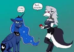 Size: 1280x912 | Tagged: safe, artist:wolfman-al, derpibooru import, princess luna, alicorn, anthro, hellhound, pony, chest fluff, crossover, dialogue, fanart, helluva boss, image, jpeg, looking at you, loona (helluva boss), midriff, simple background, teal background, word balloon