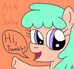 Size: 753x698 | Tagged: safe, artist:yorkyloves, derpibooru import, jubileena, earth pony, pony, ask, ask juby, background pony, cute, diaileena, female, image, jpeg, juby, mare, open mouth, orange background, simple background, speech bubble, talking, title, title card, tumblr, waving