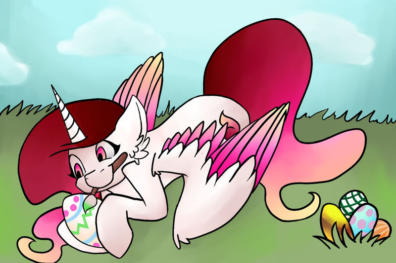 Size: 1280x852 | Tagged: safe, artist:skyblazeart, derpibooru import, oc, oc:skyblaze, unofficial characters only, alicorn, pony, alicorn oc, colored wings, easter, easter egg, egg, female, full body, gradient mane, gradient wings, grass, happy, holiday, horn, image, jpeg, paintbrush, solo, wings