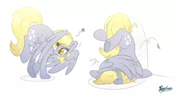 Size: 3920x2150 | Tagged: safe, artist:fluffyxai, derpibooru import, derpy hooves, rumble, pegasus, falling, grooming, image, png, preening, rule 63, silly, simple background, solo, tumble, white background, wings
