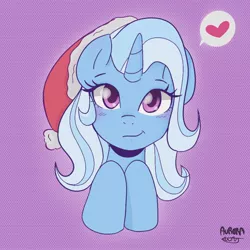 Size: 2048x2048 | Tagged: safe, artist:twiskielulamoon, derpibooru import, trixie, pony, unicorn, bust, christmas, eyelashes, female, hat, holiday, horn, image, jpeg, mare, pictogram, purple background, santa hat, signature, simple background, smiling, solo