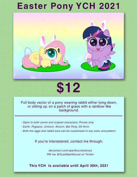 Size: 1275x1650 | Tagged: safe, artist:spellboundcanvas, derpibooru import, fluttershy, twilight sparkle, advertisement, bunny ears, commission, commission info, easter, easter egg, holiday, image, jpeg, solo, your character here