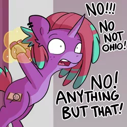 Size: 3000x3000 | Tagged: safe, artist:tjpones, derpibooru import, oc, oc:piropie, unicorn, cruel and unusual punishment, distressed, image, implied death, implied princess celestia, ohio, png, suspended, the kentucky fried movie