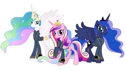 Size: 5360x3008 | Tagged: safe, artist:andoanimalia, artist:ponygamer2020, derpibooru import, princess celestia, princess luna, alicorn, pony, fallout equestria, absurd resolution, alicorn triarchy, clothes, crown, fallout, female, image, jewelry, jumpsuit, looking at you, mare, pipboy, png, regalia, royal sisters, siblings, simple background, sisters, smiling, transparent background, trio, vault suit, vector