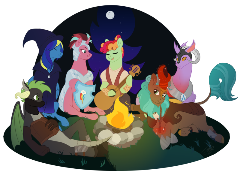 Size: 2700x2000 | Tagged: safe, artist:theartfox2468, derpibooru import, oc, oc:cocoa berry, oc:halcyon halfnote, oc:larynx (changeling), oc:lobelya, oc:wild goosechase, unnamed oc, unofficial characters only, changedling, changeling, dragon, earth pony, kirin, pegasus, pony, unicorn, armor, bandage, bandana, bard, boots, camp, campfire, changedling oc, changeling oc, clothes, dnd, dragon oc, dungeons and dragons, eyes closed, fantasy class, female, food, freckles, gloves, glowing horn, grin, guitar, hat, healer, helmet, hoof shoes, horn, image, kirin oc, knee pads, levitation, log, lying down, magic, male, mare, marshmallow, multicolored hair, musical instrument, night, nonbinary, open mouth, pants, pen and paper rpg, png, prone, robe, rock, rpg, shield, shirt, shoes, singing, sitting, sky, smiling, stars, stick, telekinesis, tree, vest, wall of tags, wizard, wizard hat, wood