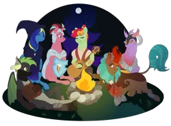 Size: 2700x2000 | Tagged: safe, artist:theartfox2468, derpibooru import, oc, oc:cocoa berry, oc:halcyon halfnote, oc:larynx (changeling), oc:lobelya, oc:wild goosechase, unnamed oc, unofficial characters only, changedling, changeling, dragon, earth pony, kirin, pegasus, pony, unicorn, armor, bandage, bandana, bard, boots, camp, campfire, changedling oc, changeling oc, clothes, dnd, dragon oc, dungeons and dragons, eyes closed, fantasy class, female, food, freckles, gloves, glowing horn, grin, guitar, hat, healer, helmet, hoof shoes, horn, image, kirin oc, knee pads, levitation, log, lying down, magic, male, mare, marshmallow, multicolored hair, musical instrument, night, nonbinary, open mouth, pants, pen and paper rpg, png, prone, robe, rock, rpg, shield, shirt, shoes, singing, sitting, sky, smiling, stars, stick, telekinesis, tree, vest, wall of tags, wizard, wizard hat, wood