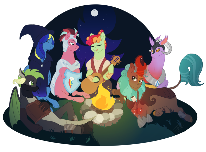 Size: 2700x2000 | Tagged: safe, alternate version, artist:theartfox2468, derpibooru import, oc, oc:cocoa berry, oc:halcyon halfnote, oc:larynx (changeling), oc:lobelya, oc:wild goosechase, unnamed oc, unofficial characters only, changedling, changeling, dragon, earth pony, kirin, pegasus, pony, unicorn, armor, bandage, bandana, bard, boots, camp, campfire, changedling oc, changeling oc, clothes, dnd, dragon oc, dungeons and dragons, eyes closed, fantasy class, female, food, freckles, gloves, glowing horn, grin, guitar, hat, healer, helmet, hoof shoes, horn, image, kirin oc, knee pads, levitation, log, lying down, magic, male, mare, marshmallow, multicolored hair, musical instrument, night, nonbinary, open mouth, pants, pen and paper rpg, png, prone, robe, rock, rpg, shield, shirt, shoes, singing, sitting, sky, smiling, stars, stick, telekinesis, tree, vest, wall of tags, wizard, wizard hat, wood