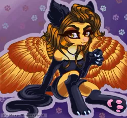 Size: 480x445 | Tagged: safe, artist:maryhoovesfield, derpibooru import, oc, unofficial characters only, anthro, cat, pegasus, clothes, costume, ear fluff, eyelashes, female, image, jpeg, paw prints, paw socks, pegasus oc, signature, sitting, smiling, solo, spread wings, waving, wings