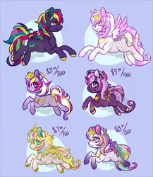 Size: 2000x2300 | Tagged: safe, artist:lavvythejackalope, derpibooru import, oc, unofficial characters only, alicorn, earth pony, pegasus, pony, alicorn oc, base used, blue background, crown, earth pony oc, freckles, horn, image, jewelry, multicolored hair, pegasus oc, png, rainbow hair, regalia, simple background, smiling, unshorn fetlocks, wings