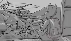 Size: 1200x700 | Tagged: safe, artist:zeroonesunray, derpibooru import, anthro, helicopter, image, png, weapon, wip