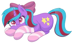 Size: 2692x1582 | Tagged: safe, artist:eyeburn, derpibooru import, oc, oc:cosmic spark, unofficial characters only, unicorn, bow, clothes, cute, image, png, socks