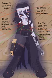 Size: 3600x5400 | Tagged: semi-grimdark, artist:pony quarantine, derpibooru import, oc, oc:nunpone, semi-anthro, belt, bible verse, blood, boots, clothes, gun, holster, image, laser, nun, png, religion, shoes, text, this will end in pain and/or death, weapon