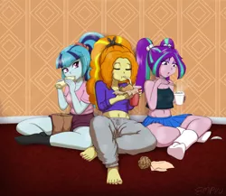 Size: 1200x1040 | Tagged: safe, artist:empyu, derpibooru import, adagio dazzle, aria blaze, sonata dusk, equestria girls, bag, barefoot, beverage, burger, casual, clothes, cup, drinking, eating, eyes closed, feet, food, image, midriff, noodles, open mouth, pants, png, shorts, skirt, taco, the dazzlings, trio