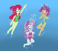 Size: 1632x1436 | Tagged: semi-grimdark, artist:brawlerunbound94, derpibooru import, apple bloom, scootaloo, sweetie belle, equestria girls, armpits, asphyxiation, blushing, breathhold, bubble, cheeks, clothes, cutie mark crusaders, drowning, drowning fetish, feet, gurgling, hand, image, png, puffy cheeks, struggling, swimsuit