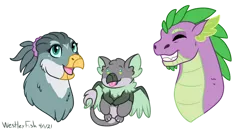 Size: 1280x660 | Tagged: safe, artist:quincydragon, derpibooru import, gabby, spike, oc, oc:galwe, dragon, gryphon, driffon, female, image, interspecies offspring, male, offspring, parent:gabby, parent:spike, parents:spabby, png, shipping, simple background, spabby, straight, transparent background