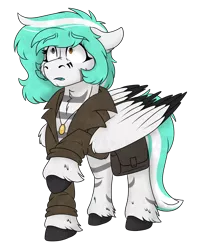 Size: 1728x2172 | Tagged: safe, artist:rokosmith26, derpibooru import, oc, unofficial characters only, pegasus, pony, bag, clothes, female, floppy ears, folded wings, hoof fluff, image, jacket, jewelry, looking up, markings, necklace, png, saddle bag, scared, simple background, solo, standing, transparent background, wings