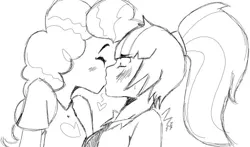 Size: 750x441 | Tagged: safe, artist:raijuri, derpibooru import, pinkie pie, sonata dusk, equestria girls, black and white, female, floating heart, grayscale, heart, image, jpeg, kissing, lesbian, monochrome, pinata (ship), shipping, sketch