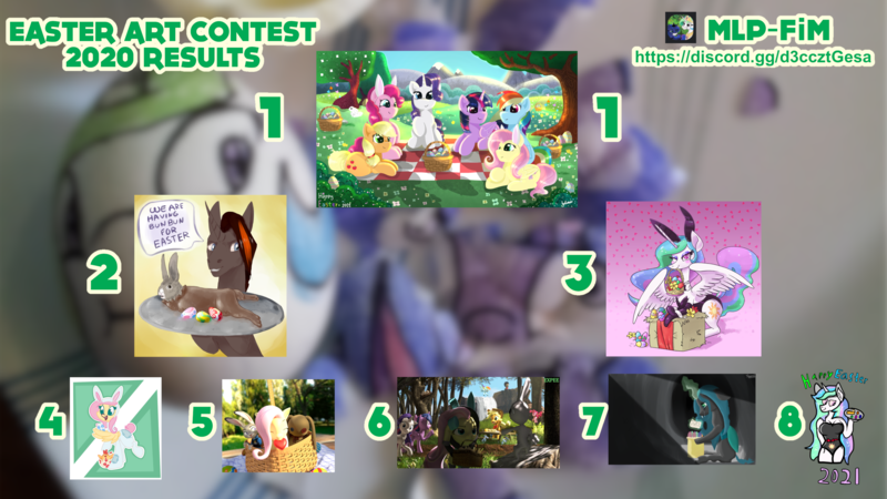 Size: 3000x1688 | Tagged: safe, artist:expee, artist:firelorda2, artist:julie25609, artist:tazool, derpibooru import, applejack, fluttershy, pinkie pie, princess celestia, queen chrysalis, rainbow dash, rarity, twilight sparkle, oc, rabbit, animal, animal costume, basket, bunny costume, chocolate rabbit, clothes, contest, contest winner, costume, easter, easter egg, flower, hay bale, holiday, image, mane six, picnic, picnic blanket, plate, png, sad