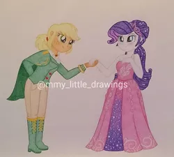 Size: 1080x970 | Tagged: safe, artist:mmy_little_drawings, derpibooru import, applejack, rarity, equestria girls, blushing, boots, clothes, dress, eyelashes, female, freckles, holding hands, image, jpeg, lesbian, rarijack, shipping, shoes, smiling, suit, traditional art, watermark