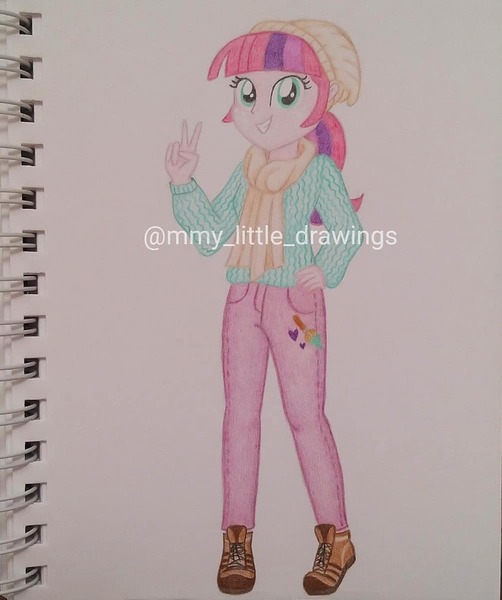 Size: 1003x1199 | Tagged: safe, artist:mmy_little_drawings, derpibooru import, oc, unofficial characters only, beanie, clothes, eyelashes, female, grin, hat, image, jpeg, pants, peace sign, scarf, shoes, smiling, solo, traditional art, watermark