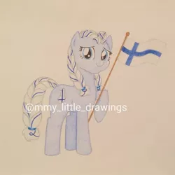 Size: 1061x1061 | Tagged: safe, artist:mmy_little_drawings, derpibooru import, ponified, earth pony, pony, braid, braided tail, eyelashes, female, finland, flag, image, jpeg, nation ponies, raised hoof, smiling, traditional art, watermark
