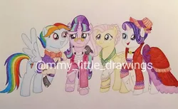 Size: 1080x663 | Tagged: safe, artist:mmy_little_drawings, derpibooru import, flutterholly, fluttershy, merry, rainbow dash, rarity, snowdash, snowfall frost, starlight glimmer, pegasus, pony, unicorn, clothes, dress, female, glasses, hat, horn, image, jpeg, mare, obtrusive watermark, traditional art, watermark, wings