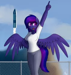 Size: 1800x1900 | Tagged: safe, artist:ponynamedmixtape, derpibooru import, oc, oc:circinus, unofficial characters only, anthro, pegasus, clothes, female, freckles, image, png, rocket, solo, spacex, starship