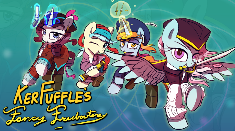 Size: 800x448 | Tagged: safe, artist:vultraz, derpibooru import, coco pommel, kerfuffle, rarity, sassy saddles, bandana, clothes, drawthread, flintlock, gun, handgun, image, levitation, long coat, magic, /mlp/, mouth hold, pirate, png, requested art, spyglass, sword, telekinesis, weapon, wind, windswept mane