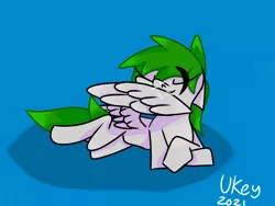 Size: 1280x960 | Tagged: safe, artist:ukedideka, derpibooru import, oc, oc:quizzical aphre, pegasus, pony, background, cel shading, eyes closed, green hair, grey body, grooming, image, jpeg, lying down, pegasus oc, preenhub, preening, shading, smiling, solo, spread wings, tail feathers, wings