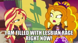 Size: 600x337 | Tagged: safe, derpibooru import, edit, edited screencap, screencap, adagio dazzle, sunset shimmer, equestria girls, equestria girls series, sunset's backstage pass!, spoiler:eqg series (season 2), caption, image, image macro, jpeg, text