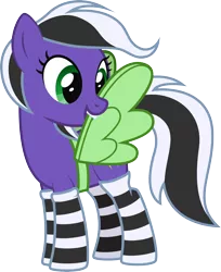Size: 1778x2180 | Tagged: safe, artist:lightning stripe, derpibooru import, oc, oc:lightning stripe, unofficial characters only, earth pony, pony, april fools 2021, black and white mane, clothes, cross-eyed, cute, cutie mark, derpibooru exclusive, fake wings, female, green eyes, grooming, image, mare, png, preenhub, preening, purple, show accurate, silly, simple background, socks, solo, striped socks, teeth, transparent background