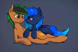 Size: 3000x2000 | Tagged: safe, artist:danger_above, derpibooru import, oc, oc:moony blues, oc:patutu, unofficial characters only, bat pony, earth pony, blushing, chest fluff, duo, ear fluff, image, looking at each other, lying, png, simple background