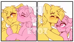 Size: 3500x2000 | Tagged: safe, artist:etoz, derpibooru import, oc, unofficial characters only, pony, advertisement, auction, auction open, blushing, commission, eyes closed, generic pony, happy, horn, image, kiss on the cheek, kissing, one eye closed, one eye open, png, smiling, wings, ych example, your character here, your character here auction