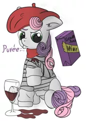 Size: 2508x3541 | Tagged: safe, artist:dbcreativearts, derpibooru import, sweetie belle, pony, unicorn, beret, clothes, french, glass, grape juice, hat, image, joke, jpeg, juice, scarf, shirt, solo, spill, striped shirt, wine glass