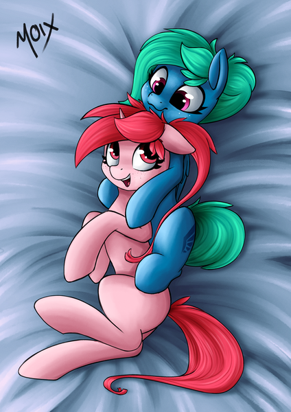 Size: 3035x4299 | Tagged: safe, artist:supermoix, derpibooru import, oc, oc:metralla, oc:moxie, pegasus, pony, unicorn, bed, cute, female, image, png, shipping