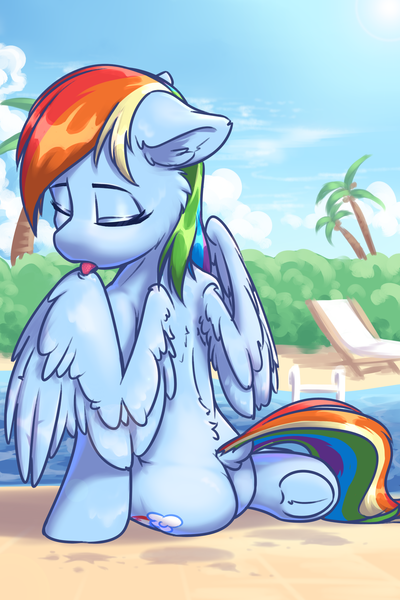 Size: 1866x2799 | Tagged: safe, artist:ravistdash, derpibooru import, rainbow dash, pegasus, pony, beach, butt, chair, dock, eyes closed, frog (hoof), grooming, image, licking, plot, png, preening, sitting, sky, solo, summer, swimming pool, tongue out, tree, underhoof, wet, wet mane, wings