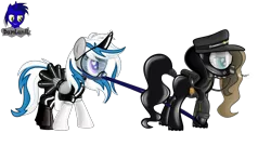 Size: 7680x4154 | Tagged: safe, artist:damlanil, derpibooru import, oc, oc:chocolate fudge, oc:lady lightning strike, earth pony, pegasus, pony, blindfold, bodysuit, bondage, bound wings, bridle, choker, clothes, commission, duo, female, gag, gas mask, hypnogear, hypnosis, image, latex, latex dress, latex suit, maid, maid headdress, mare, mask, military uniform, mind control, muzzle gag, png, reins, rubber suit, shiny, show accurate, simple background, tack, transparent background, uniform, vector, visor, wings