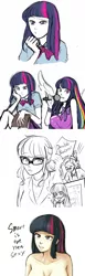 Size: 720x2335 | Tagged: suggestive, artist:chiyoneun, derpibooru import, pinkie pie, sci-twi, twilight sparkle, human, book, breasts, busty twilight sparkle, clothes, fake moustache, female, glasses, humanized, image, microphone, partial nudity, png, ponied up, self paradox, singing, sketch, sketch dump, topless