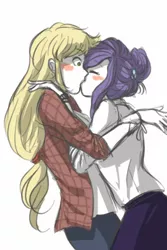 Size: 576x862 | Tagged: safe, artist:chiyoneun, derpibooru import, applejack, rarity, human, blushing, female, humanized, image, jpeg, kissing, lesbian, rarijack, shipping, simple background, white background