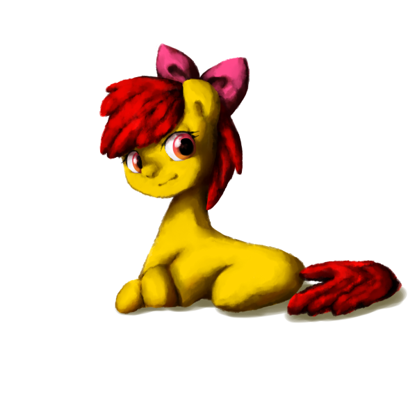 Size: 600x600 | Tagged: safe, artist:chiyoneun, derpibooru import, apple bloom, earth pony, pony, bow, hair bow, image, lying down, png, simple background, solo, white background