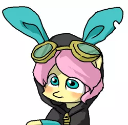 Size: 529x516 | Tagged: safe, artist:chiyoneun, derpibooru import, fluttershy, pony, bunny ears, bust, butterscotch, clothes, costume, dangerous mission outfit, goggles, hoodie, image, male, png, rule 63, simple background, solo, stallion, white background