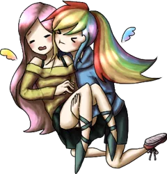 Size: 329x342 | Tagged: safe, artist:chiyoneun, derpibooru import, fluttershy, rainbow dash, human, :t, ><, bridal carry, carrying, clothes, eyes closed, female, floating wings, flutterdash, humanized, image, lesbian, lifting, panties, png, shipping, skirt, underwear, upskirt, wings