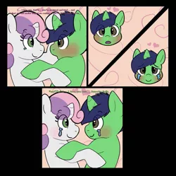 Size: 895x893 | Tagged: safe, artist:zombineko, derpibooru import, sweetie belle, oc, oc:swift brush, pony, unicorn, comic:padded desperation, blushing, canon x oc, colt, crying, female, filly, heart, hoof in mane, hug, image, in love, looking at each other, love, male, oc and canon, png, smiling, snuggling, speech, surprised, talking, tears of joy, text, wingdings